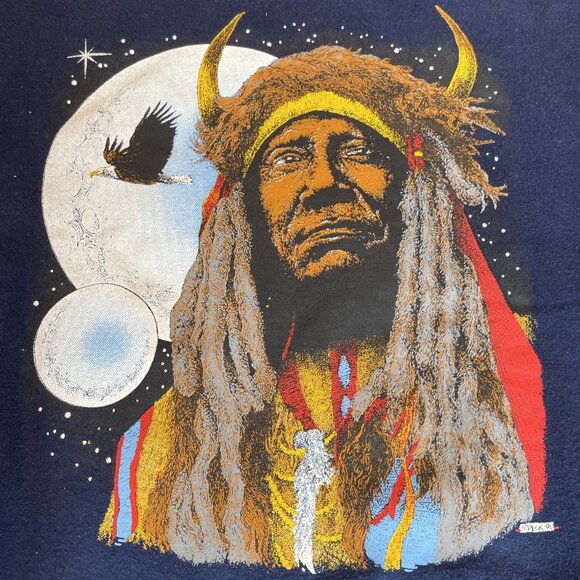 Vintage 1991 R Peck Tribal Native American Sweatshirt Size M Navy Buffalo USA - Picture 2 of 9